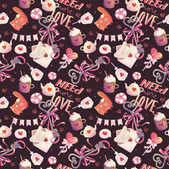 romantic decorative stylized seamless pattern with candy, kettle, cat, about love on a dark background
