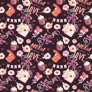 romantic decorative stylized seamless pattern with candy, kettle, cat, about love on a dark background