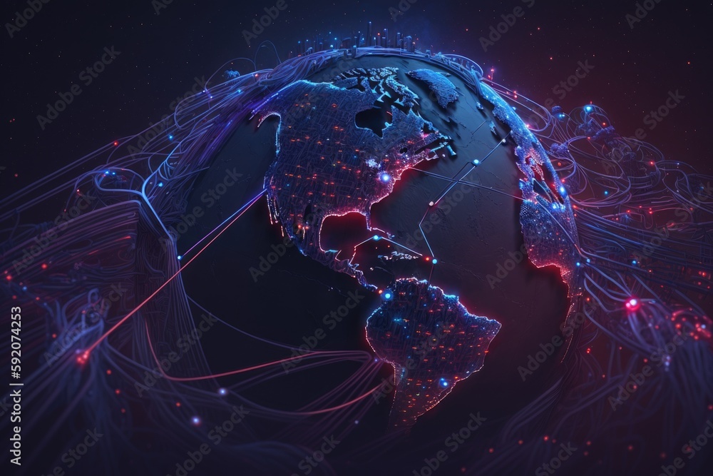 Poster the earth with a glowing network of lights surrounding it. generative ai