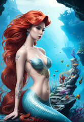Obraz na płótnie Canvas Arielle - photography of the little mermaid with red hair in the ocean under the sea surrounded by fishes, generative ai generativ ki, digital art, painting, poster design