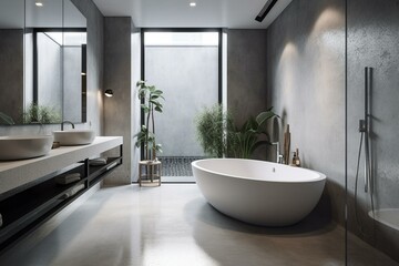Naklejka na ściany i meble A luxurious Minimalist Bathroom with a Polished Concrete bathtub and Chrome accents, generative ai