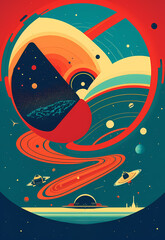abstract space illustration, detailed, post-modern, minimalistic, blissful, artistic, , generative ai generativ ki, digital art, painting, poster design, space ship, deep space, retro