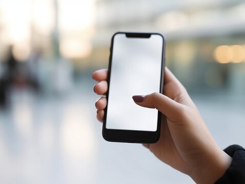 This photo features a close-up of a woman's hand holding a smartphone with a blank screen. The background is blurred, making the focus on the phone. This image is perfect for illustrating a technology
