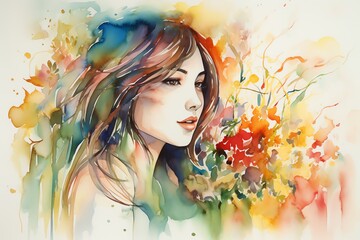 watercolor woman with flowers 