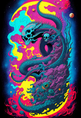 Naklejka premium horror illustration of a moster with skullface, fire and clouds, surrealism art 80s of dragon skull, generativ ai ki, digital art painting, poster design, colorful rockabilly, rock n roll poster, hell