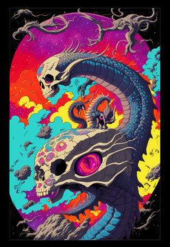 horror illustration of a moster with skullface, fire and clouds, surrealism art 80s of dragon skull, generativ ai ki, digital art painting, poster design, colorful rockabilly, rock n roll poster, hell