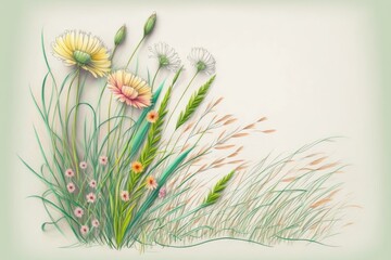 colorful flowers and vibrant grass against a clean white background. Generative AI