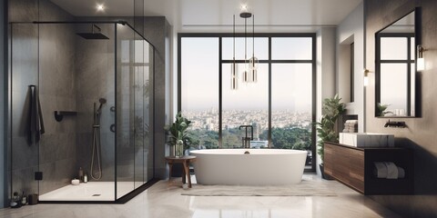 Fototapeta na wymiar A contemporary Bathroom blending Metal and Glass textures, geometric shapes and clean lines for a modern look, generative ai