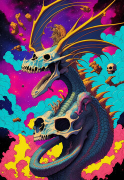 horror illustration of a moster with skullface, fire and clouds, surrealism art 80s of dragon skull, generativ ai ki, digital art painting, poster design, colorful rockabilly, rock n roll poster, hell