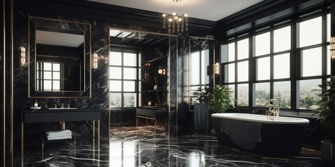 A luxurious Art Deco bathroom with dramatic black lacquer walls and rich, veined marble accents, generative ai