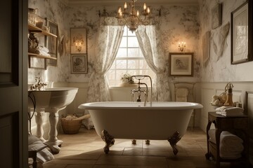 Obraz na płótnie Canvas A classic French Country Bathroom embellished with Toile Fabric patterns and timeless Wood textures, enhanced by a crystal sconce and a clawfoot tub, generative ai