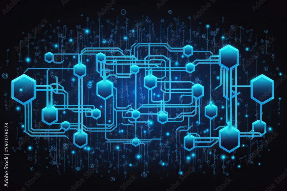 Poster blue-lit circuit board with hexagonal shapes. generative ai
