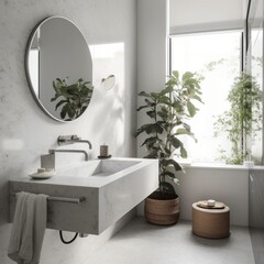 A bright and airy modern bathroom with white marble walls and a concrete sink, outfitted with sleek stainless steel hardware, generative ai