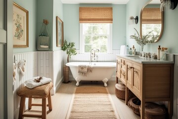 Fototapeta na wymiar A inviting Cottage style Bathroom with a mix of vintage and modern elements, including a floral wicker stool, sleek fixtures, and playful decorative accents, generative ai
