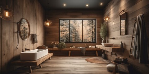 A cozy and inviting Bathroom with a natural wood wall accent, leather bench, and retro lighting, generative ai