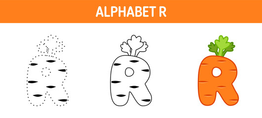 Alphabet R tracing and coloring worksheet for kids