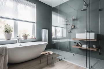 Fototapeta na wymiar A bright and airy Bathroom with a glass accent wall and a metallic towel rack, generative ai