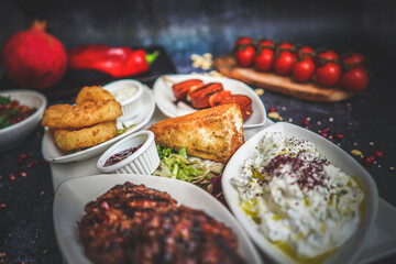 Close-Up of Hot and Cold Mezze Platter: Assorted Appetizers, Mediterranean Cuisine, Flavorful Dishes, Gourmet Food, Tasty Variety, Social Dining Experience