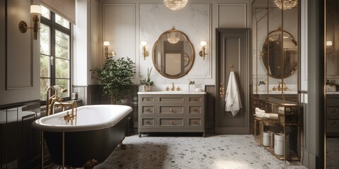 A beautifully balanced Traditional Bathroom, featuring subtle leather and brass accents and a mix of classic and modern elements for a timeless yet fresh look, generative ai