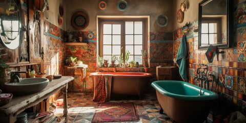 A colorful, bohemian Bathroom with patterned textiles and rustic fixtures, generative ai