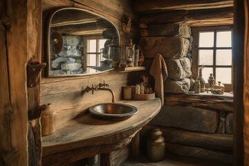 Obraz na płótnie Canvas A cozy Rustic Bathroom with wooden walls, a stone sink, and a vintage mirror, generative ai