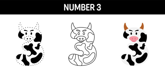 Number 3 tracing and coloring worksheet for kids