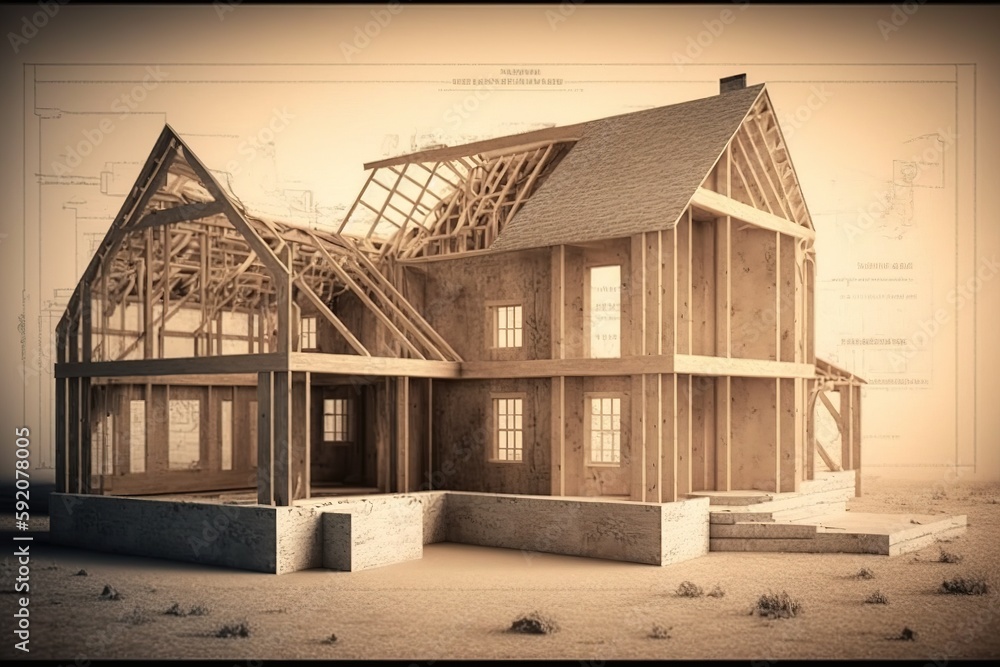 Poster visualization of a house-building project, including building materials and plans. generative ai