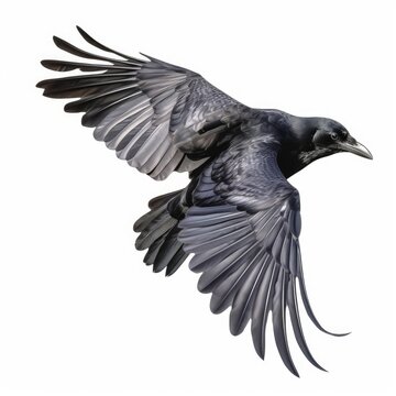 Majestic Crow in Flight on White Background, Generative AI