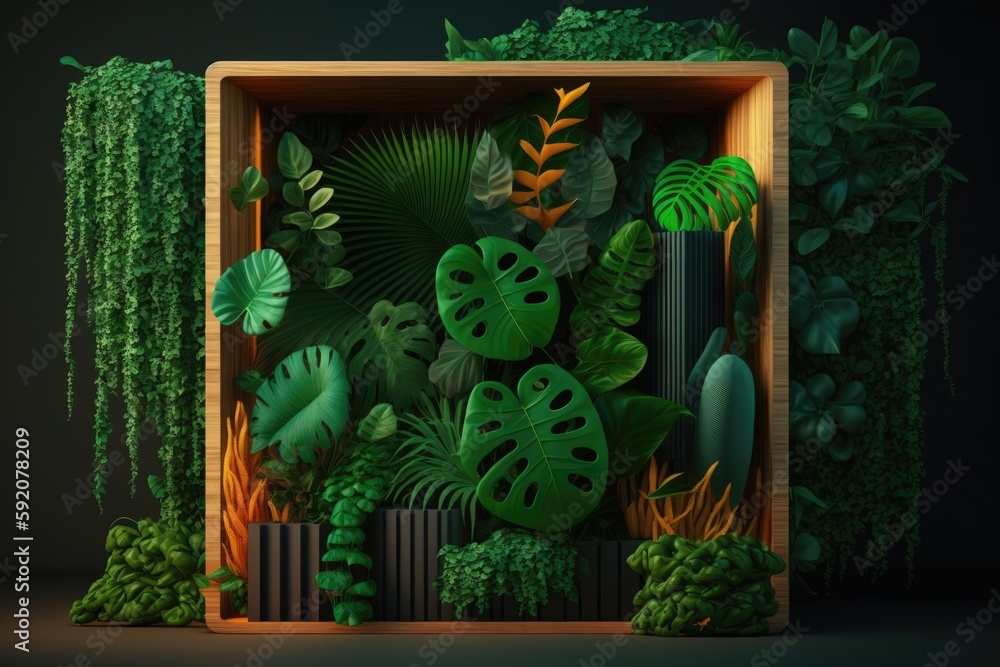 Canvas Prints wooden box filled with a variety of lush green plants, perfect for indoor decoration. Generative AI