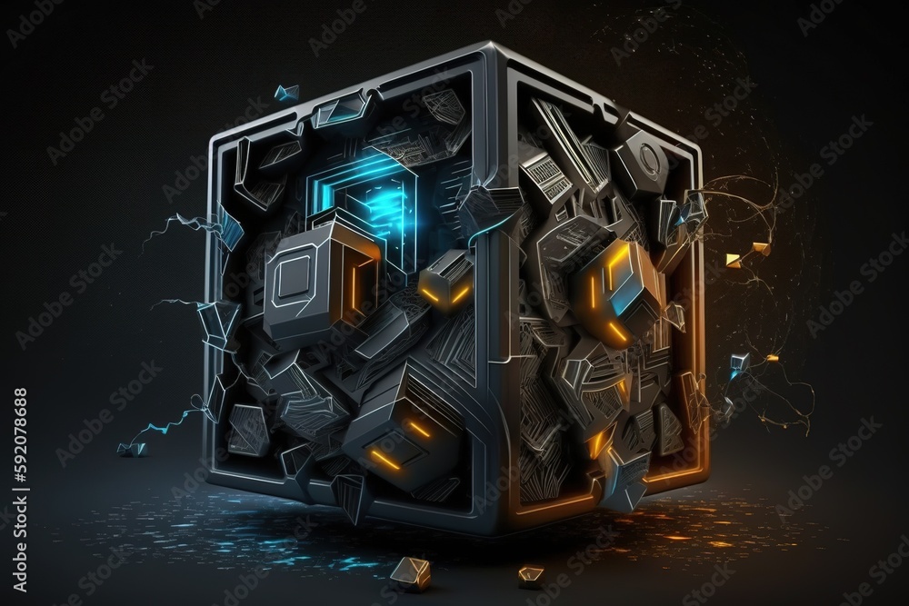 Poster cube-shaped, futuristic machine technology wallpaper with a foreboding tone generative ai