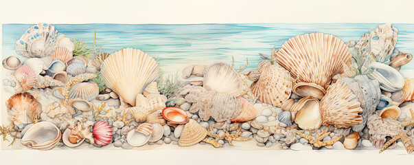 Seashells collection on a beach with blue sea water, summer time at the seaside, vacation at the ocean, copy space. Illustration. Generative AI