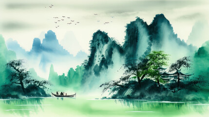 Asiatische Landschaft mit Schiff und Bergen Aquarell Background (Generative AI) Digital Art Kunst Cover Tapete Wandbild Hintergrund