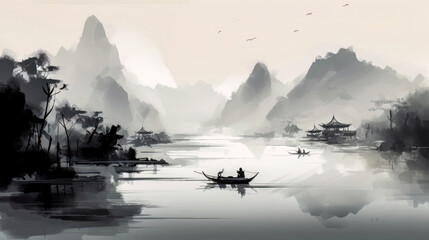 Asiatische Landschaft mit Schiff und Bergen Aquarell Background (Generative AI) Digital Art Kunst Cover Tapete Wandbild Hintergrund