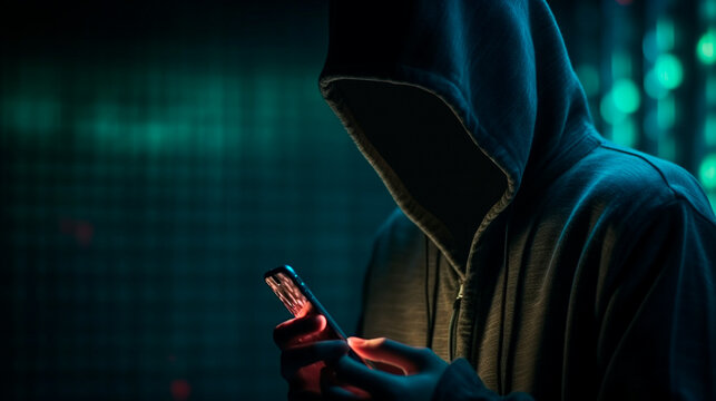 Hacker in a hood holds a phone in his hand. Generative AI