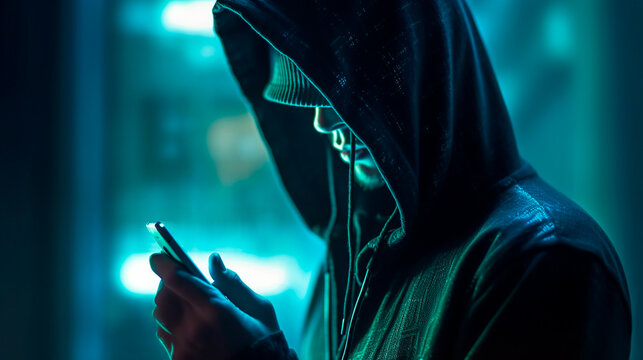 Hacker in a hood holds a phone in his hand. Generative AI