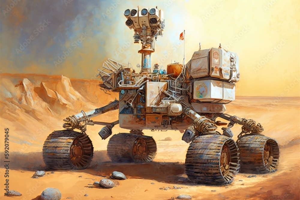 Poster lone robot standing in the middle of a vast desert landscape. generative ai