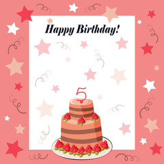 Greeting card with birthday cake on a plate with raspberries and birthday candle number five. Decorated with stars and streamers. Cartoon vector illustration.