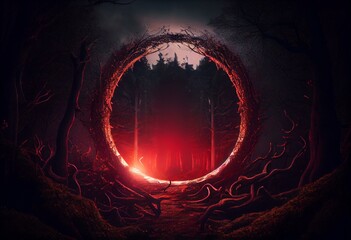 Horrifying forest with red ambiance and shinning ring light, with concept artwork. Dark and demonic summoning, no color. Generative AI