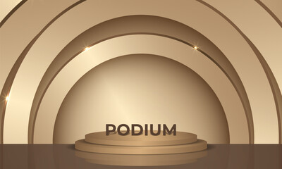 Obraz premium 3d realistic podium on a studio room background with golden arch. Vector rendering 3D stage for award ceremony or displaying a cosmetic product promotion sales and marketing. Vector illustration