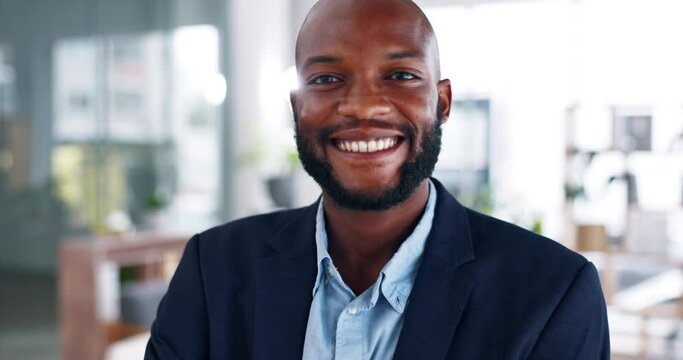 Happy black man, face and smile in business confidence with arms crossed for career ambition or success at office. Portrait of confident African American businessman smiling for corporate mindset