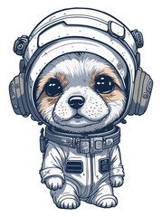 Portrait of a lovable character of a cute baby dog wearing an astronaut outfit. Puppy on White background.