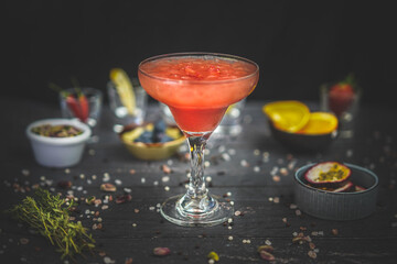 Side View of Strawberry Daiquiri: Refreshing Pink Cocktail, Chopped Strawberries, Smooth Texture, Rum Delight, Artful Mixology, Fruity Beverage, Summertime Classic