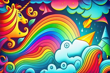Fototapeta na wymiar majestic unicorn under a vibrant rainbow with fluffy clouds in the background. Generative AI