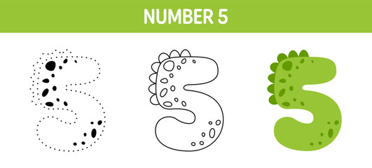 Number 5 tracing and coloring worksheet for kids
