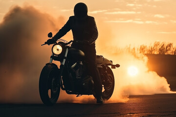 Plakat Dark motorbiker staying on motorcycle in sunset light