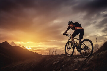 Fototapeta na wymiar Man on mountain bike against sundown sky