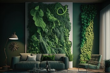 cozy living room with green wall and comfortable furniture. Generative AI