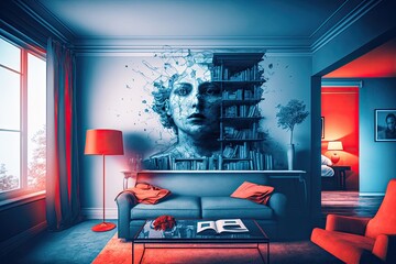 cozy living room with stylish furniture and a beautiful painting on the wall. Generative AI