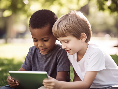Close-up two young boys, one black and one white, sitting together outdoors, looking at a tablet and smiling.  Focus is on boys' faces.  Illustration created with Generative AI technology.