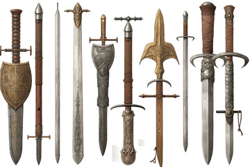 Medieval Weaponry Collection: Isolated Illustrations of Swords, Shields, and Armor